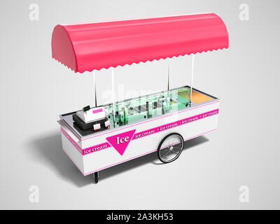 Moderne pink portable Kühlschrank zum Verkauf von Speiseeis auf der Straße die perspektivische Ansicht 3D-Render auf grauem Hintergrund mit Schatten Stockfoto