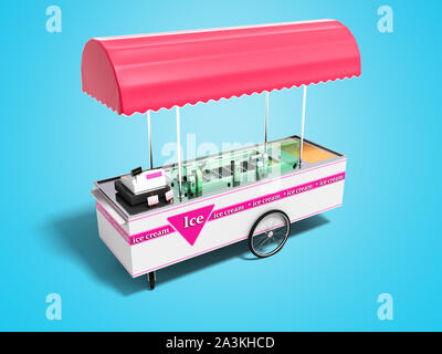 Moderne pink portable Kühlschrank zum Verkauf von Speiseeis auf der Straße die perspektivische Ansicht 3D-Render auf blauem Hintergrund mit Schatten Stockfoto