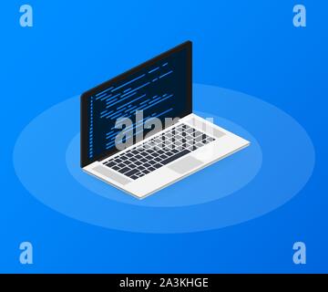 Isometrische laptop Programmierung Konzeption. Web Developer, Design, Programmierung. Laptop-Code. Vector lieferbar Abbildung. Stock Vektor