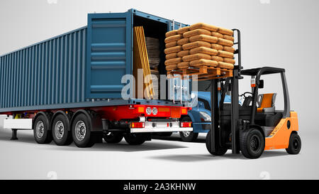 Modernes Konzept der Be- und Entladen von Fracht von Blau von Lkw mit Anhänger mit Baumaterialien und eine orange Gabelstapler mit Palette isoliert 3d Stockfoto