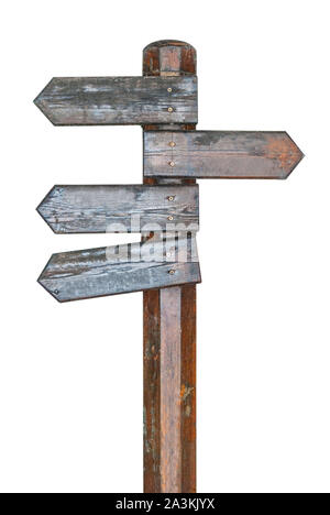 Eine hölzerne leer Zeichen mit vielen Reisezielen auf weißem Hintergrund Stockfoto