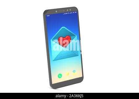 3D-Illustration: Neue valentine Nachricht im E-Mail-Programm auf Mobiltelefon. Rotes Herz Symbol in geöffneten blauen Umschlag. Auf weissem Hintergrund. Stockfoto