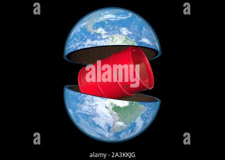 3D-Illustration: Ökologische Konzept: der Planet Erde mit ein blaues Leuchten ist in zwei Hälften mit einem roten Zylinder innen mit Abnutzung und Rost unterteilt. Öl Stockfoto