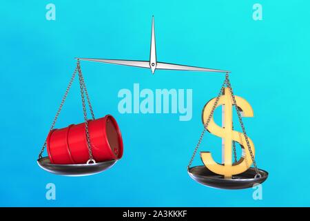 3D-Illustration: vintage Skalen in unausgewogenheit mit dem roten Barrel Öl auf der einen Seite und ein Zeichen von US-Dollar auf der anderen. Petroleum Business Stockfoto