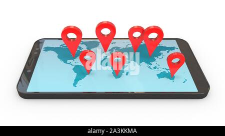 3D-Illustration: Rotes gps-Zeiger - Pfeile auf dem blauen Weltkarte auf Mobiltelefon werden auf verschiedenen Kontinenten und Ländern geleitet. Tourismus Stockfoto