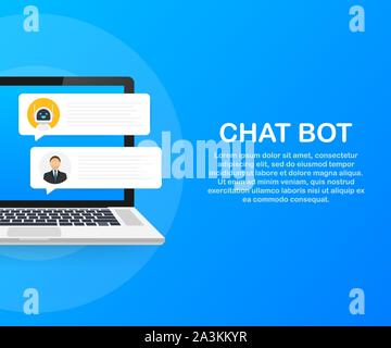 Vektor flache moderne Stil Zeichentrickfigur Abbildung: Icon Design. Chat bot Roboter Konzept auf dem Laptop Bildschirm. Vector lieferbar Abbildung. Stock Vektor