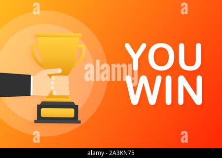 Sie gewinnen. Hand hält einen goldenen Preis Schale. Ein Gewinn, Führung und einen Wettbewerb Konzept. Vector Illustration. Stock Vektor