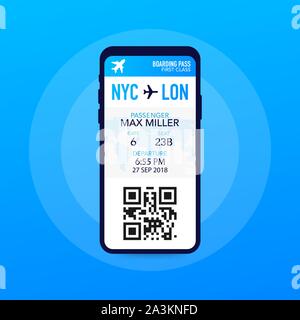 Tickets für das Flugzeug auf einem Smartphone. Vector Illustration. Stock Vektor