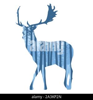 Realistische Abbildung der Hirsche Silhouetten mit Geweih. Nadelwald mit blauen Himmel - Vektor Stock Vektor