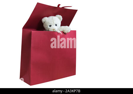 Für Mädchen. Teddy Bär ist in Geschenkbox auf weißem Hintergrund. Papier Geschenkbeutel. Mockup für Design. Stockfoto