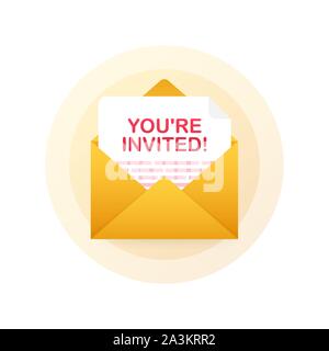 Sie sind herzlich eingeladen! Abzeichen Symbol. In ein Kuvert Brief geschrieben. Vector lieferbar Abbildung. Stock Vektor