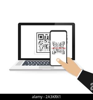 Mobiltelefon den QR-Code scannen. Vector lieferbar Abbildung auf weißem Hintergrund. Stock Vektor