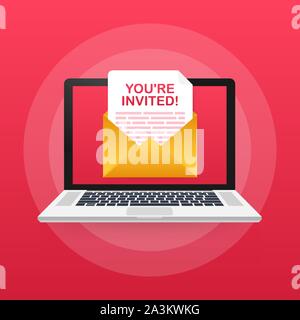 Sie sind herzlich eingeladen! Abzeichen Symbol. In ein Kuvert Brief geschrieben. Vector lieferbar Abbildung. Stock Vektor