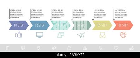 Vektor Infografik flachbild Vorlage Pfeile für sechs Diagramme, Grafik, Präsentation. Business Konzept mit 6 Label. Für Inhalte, Flussdiagramm, Schritt für Schritt Stock Vektor