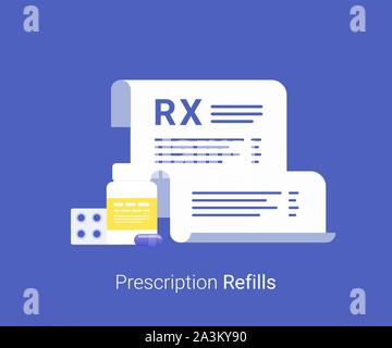 Apotheke Konzept. Rx Form und Pillen. Gesundheitswesen, Krankenhaus und medizinische Diagnostik. Trendy Flat Style. Vector Illustration. Stock Vektor