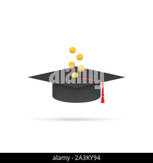 Investitionen in die Bildung. Stipendium. Bücher. Der Absolvent Kappe auf Stapel goldene Medaille. Vector Illustration. Stock Vektor