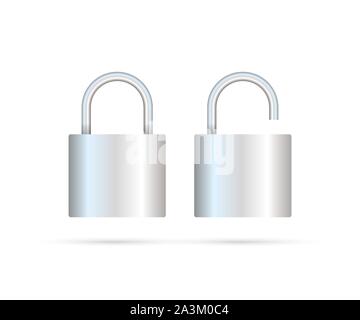 Gesperrtes und entsperrtes Vorhängeschloss realistisch. Sicherheitskonzept. Metallschloss für Sicherheit und Privatsphäre Stock Vektor