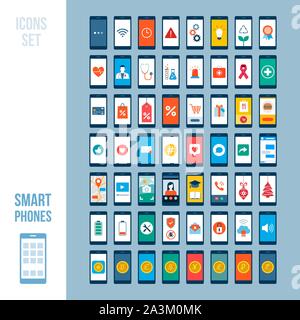 Eingestellt von Smartphones mit verschiedenen Anwendungen und Symbole: Einkaufen, Finanzen, soziale Medien, Gesundheitswesen, Bildung und Benachrichtigungen Stock Vektor