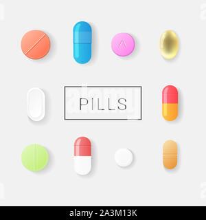 Pharmasy bunte Pillen, Blister mit Tabletten und Kapseln. Auf Hintergrund isoliert. Realistische Flat Style. Vector Illustration. Stock Vektor