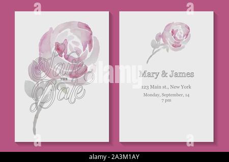 Datum speichern handgeschriebene Schrift text für Hochzeiten oder andere Feierlichkeiten. Aquarell rosa Rose. Vector Illustration. Stock Vektor