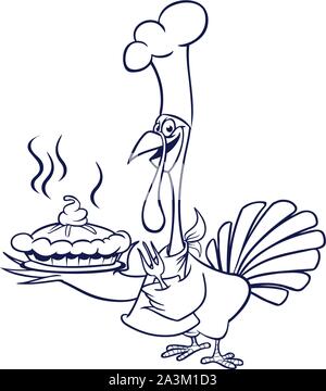 Thanksgiving lustig cartoon Türkei chief Cook mit Pumpkin Pie skizziert. Vektor cartoon Türkei Malbuch. Schwarze und weiße Kontur Stock Vektor