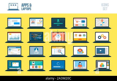 Eingestellt von Laptops mit verschiedenen Anwendungen und Services: Einkaufen, Bildung, soziale Medien, Karten, Finanzen, Entwicklung Technik und Sicherheit Stock Vektor