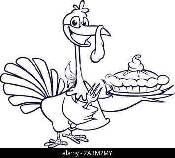 Thanksgiving Cartoon Türkei holding Gabel und Pie isoliert. Vector Illustration von lustig Türkei tragen pilgrim Hut für Malbuch Stock Vektor