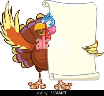 Abbildung: eine Karikatur der Türkei Charakter holding Pergament scroll Menü für die Thanksgiving Feiertage. Vektor der Türkei mit leeren Papier für Nachricht Stock Vektor