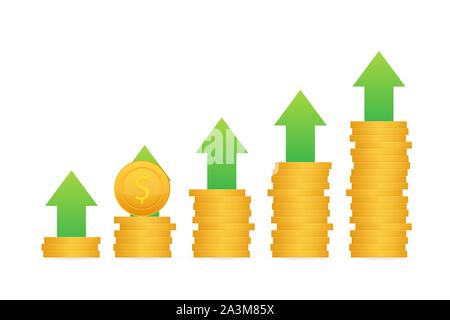 Gewinn Geld oder Budget. Bargeld und steigende graph Pfeil hoch, Konzept für geschäftlichen Erfolg. Kapitalerträge, profitieren. Vector lieferbar Abbildung. Stock Vektor