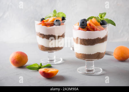 Aprikose Kleinigkeit, Schokolade, Biskuit, mehrschichtige Desserts mit frischen Beeren und sanften Frischkäse auf grauem Hintergrund. Horizontale Ansicht. Raum fo Text. Stockfoto
