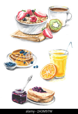 Sammlung verschiedener Frühstück - Saft, Marmelade, Pfannkuchen, Kaffee, Brot, Müsli Stockfoto