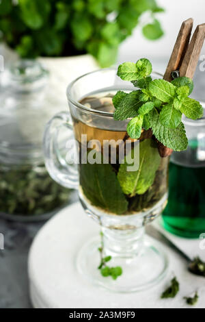 Beruhigenden Tee mit frisch und frischer Minze und Mint Sirup. Ein warmes Getränk für den Herbst und Winter. Das Konzept der Pflege des emotionalen Zustand. Stockfoto