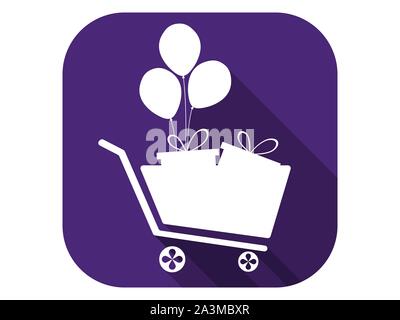 Warenkorb mit Geschenken und Luftballons. Flache Symbol mit langen Schatten. Shop trolley Symbol Piktogramm. Vector Illustration Stock Vektor