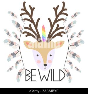 Rotwild für Kinder im skandinavischen Stil. Postkarte von Wald Tiere mit der Inschrift. Design für Kinder Stock Vektor