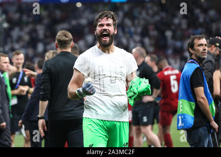 MADRID, Spanien - Juni 01, 2019: Alisson (Liverpool) dargestellt, während das Finale der UEFA Champions League 2019/20. Stockfoto