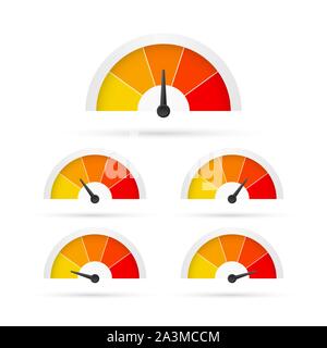 Runde Temperaturanzeige, auf weißem Hintergrund. Farbige messen Halbkreis Skala im flachen Stil. Vector lieferbar Abbildung. Stock Vektor