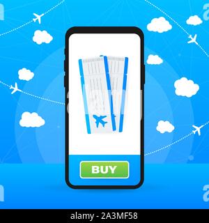 Tickets für das Flugzeug auf einem Smartphone. Vector lieferbar Abbildung. Stock Vektor