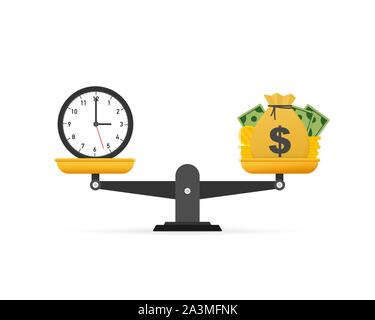 Zeit ist Geld auf Skalen, Symbol. Geld und Zeit Balance auf der Skala. Vector Illustration. Stock Vektor