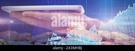 Das zusammengesetzte Bild von mans hand digital Tablet Stockfoto