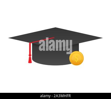 Investitionen in die Bildung. Stipendium. Bücher. Der Absolvent Kappe auf Stapel goldene Medaille. Vector Illustration. Stock Vektor