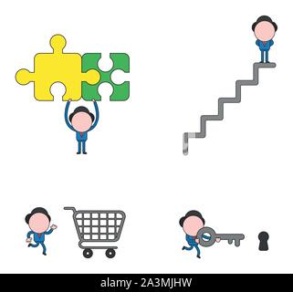 Vector Illustration Satz von Geschäftsmann Maskottchen Charakter die beiden verknüpften Puzzleteile, oben auf der Treppe, die zum Warenkorb und Ausführen Stock Vektor
