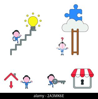 Vector Illustration Satz von Geschäftsmann Charakter zu laufen, um die Glühbirne auf Treppen, verwirrt über Leitern fehlende Schritte, Puzzle auf Wolke, Pfeil nach unten un Stock Vektor