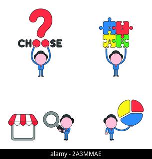 Vector Illustration Satz von Geschäftsmann Maskottchen Charakter, halten Wählen Sie mit Fragezeichen, vier verbundenen Plan Puzzleteile, die Lupe gl Stock Vektor