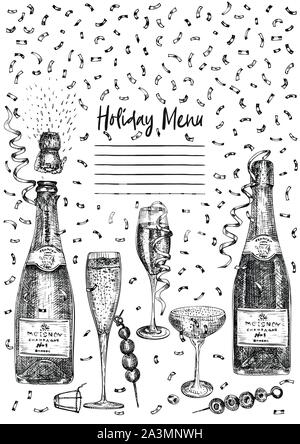 Cocktail Bar Menü design Schablone im Retro-stil isoliert auf grauen Hintergrund. Hand gezogenem Glas und Flasche Champagner. Vintage Weinkarte. Alkohol Stock Vektor