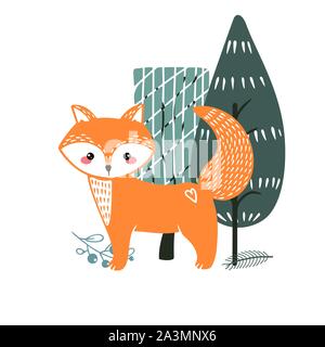 Cute Fox auf einem Hintergrund von Bäumen. Hand gezeichnet Abbildung im skandinavischen Stil. Stock Vektor