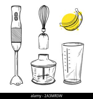 Satz verschiedener Teile der Mixer. Stabmixer. Vector Illustration in Skizze Stil. Stock Vektor