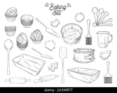 Geschirr zum Backen. Backen Material Vector Illustration in Skizze Stil. Stock Vektor