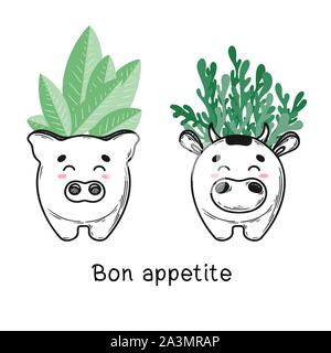 Haus Pflanze in einem Topf mit der Schnauze des Tieres. Süße Schnauze auf den Topf. Vector Illustration. Kuh und Schwein Stock Vektor