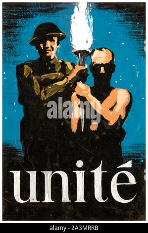 Britische, WW2, Einheit der Kraft, Plakat, Inter-alliierten Zusammenarbeit, Unite!, (britischer Soldat und Widerstand Abbildung mit Fackel), 1939-1946 Stockfoto