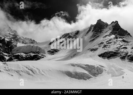 Mann absteigend der Gran Paradiso Gletscher im Winter an der Nordwestseite. Die peack ist der höchste Berg ganz in das italienische Hoheitsgebiet. Stockfoto